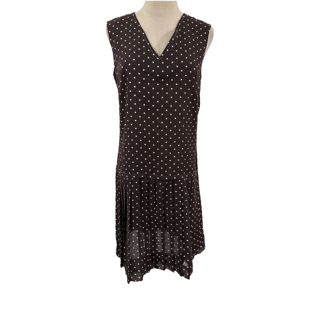 NWT Vtg 70s Brown Polka Dot Dress With Sheer Top Drop Waist Pleated Boho‎ Sz M
